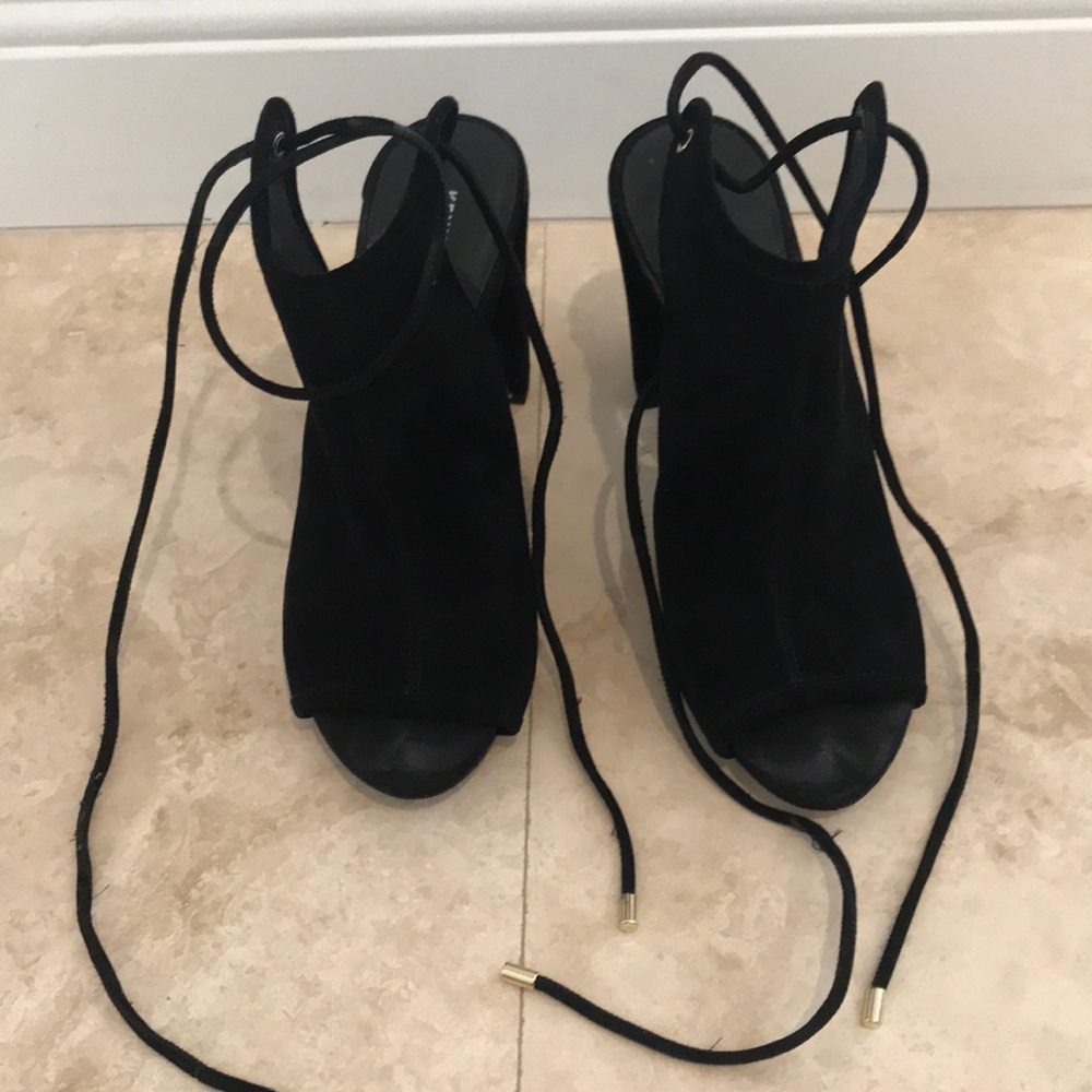 Black suede open toe bootie heels size 8.5